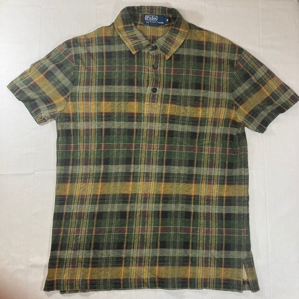 Polo Ralph Lauren Mens Medium Green Plaid Slub Cotton Short Sleeve Polo Shirt